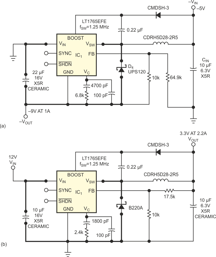 The LT1765EFE positive buck converter can make a negative boost converter (a) or a positive buck converter (b).