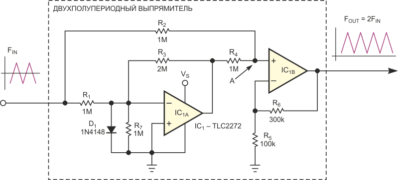 Эта схема выполняет умножение частоты последовательности треугольных импульсов.