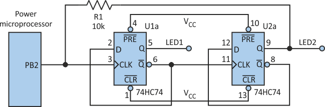 This simple multiple-output sequential timer, which uses two D flip-flops, enables one general-purpose I/O pin on the microprocessor to drive multiple LEDs.