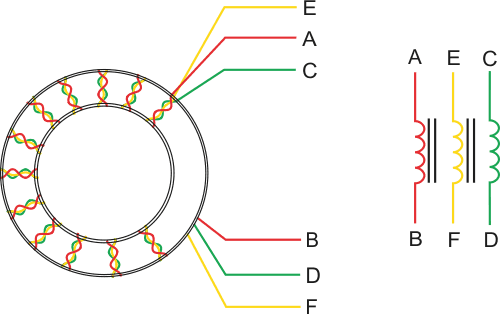 Трансформатор Т1 на Рисунке 1 содержит три обмотки на тороидальном ферритовом сердечнике. Для удобства сборки скрутите в жгут три провода разного цвета, чтобы сформировать обмотки.