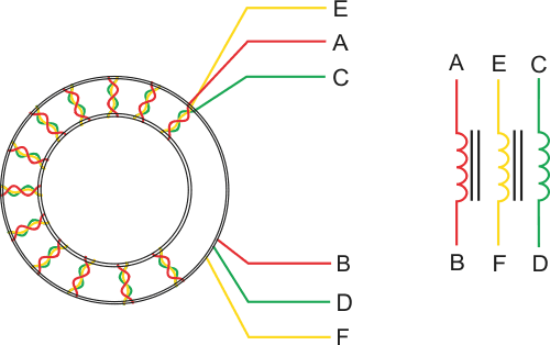 Transformer T1 from Figure 1 consists of three windings on a toroidal ferrite core. For ease of assembly, twist three wires of different colors in a bundle to form the windings.