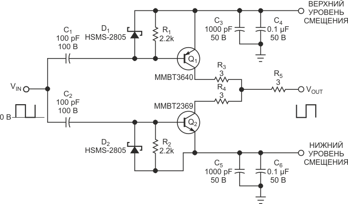 Эта простая и быстродействующая схема может сместить уровни входных импульсов как к положительным, так и к отрицательным значениям.