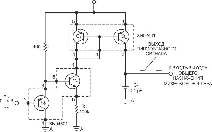 Используя две транзисторные сборки и три дискретных компонента можно собрать аналоговый интерфейс для микроконтроллера.