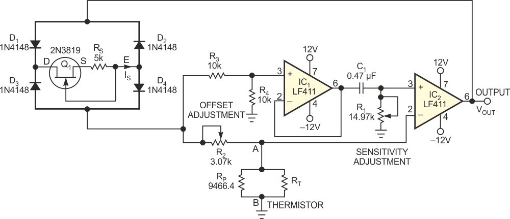 This simple circuit linearizes a thermistor's response and produces an output period that's proportional to temperature