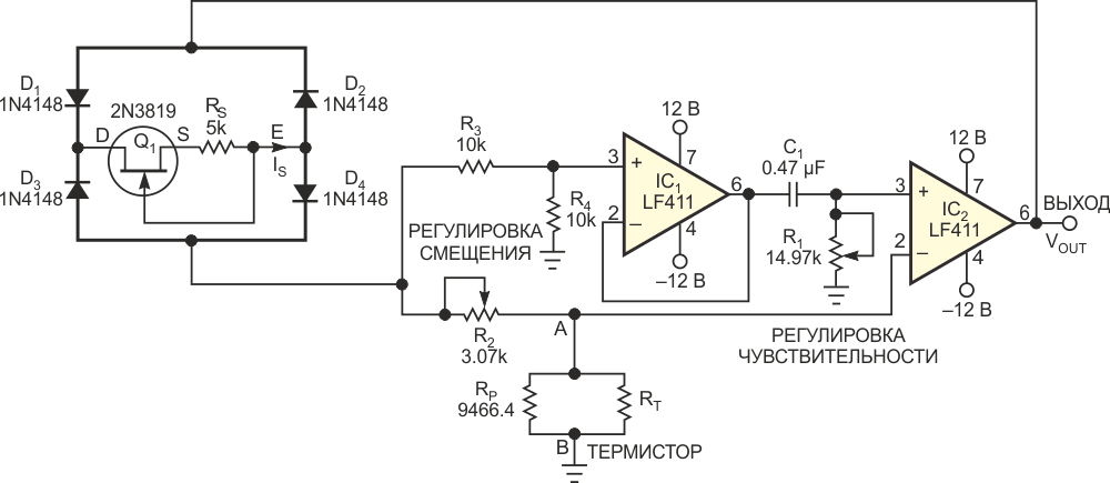Эта простая схема линеаризует отклик термистора и генерирует последовательность импульсов, период которых пропорционален температуре.