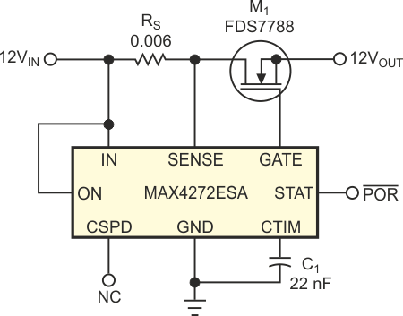 A typical hot-swap controller circuit exhibits a 30-µsec short-circuit current pulse of 400 A peak.