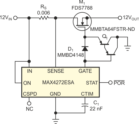 Добавление транзистора Q1 увеличивает ток разряда емкости затвора, ограничивая длительность тока короткого замыкания значением менее 0.5 мкс.