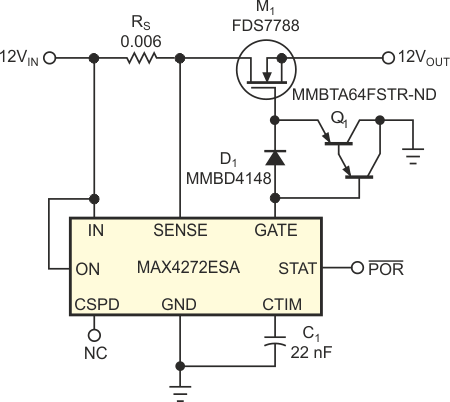 The addition of Q1 increases the gate-pulldown current, limiting the short-circuit-current duration to less than 0.5 µsec.