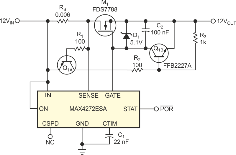 This hot-swap controller has fast limiting of short-circuit current peaks.