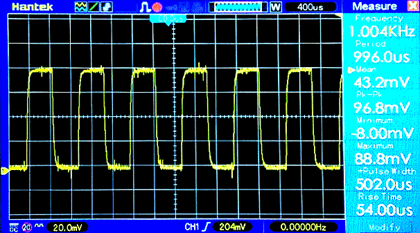 Выходной сигнал фотоприёмника на частоте 1 кГц.