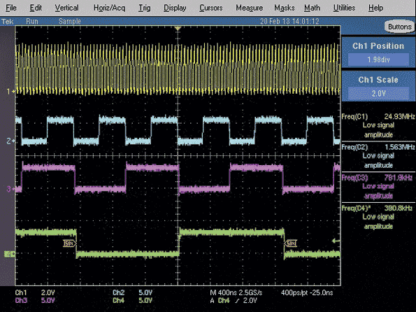 Outputs Q4, Q5, and Q6 (channels 1 to 3, respectively) go to an input-selector IC for filtering.