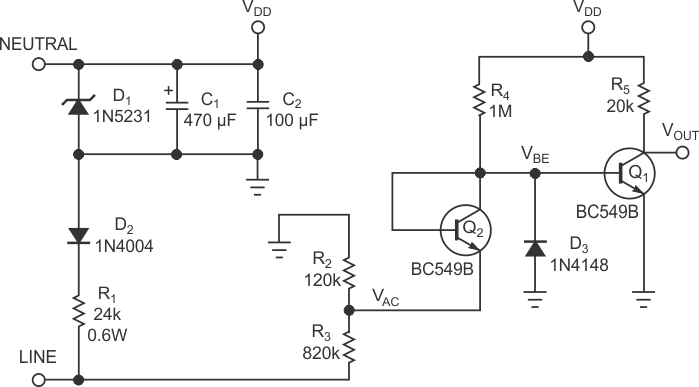 This simple two-transistor circuit accurately detects the zero crossing of the input ac mains.