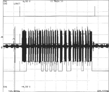 Interference and noise are evident in the output signal (a); the addition of the output filter (b) markedly reduces the noise.