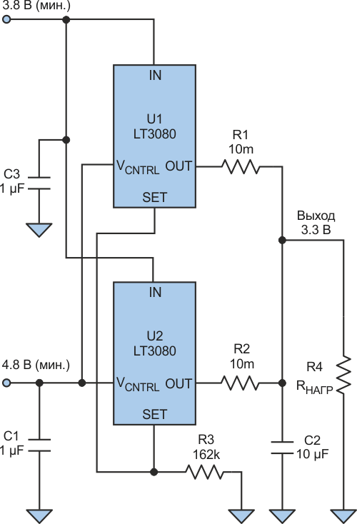 Хотя эта схема иллюстрирует использование медных дорожек печатной платы в качестве балластных резисторов для линейного регулятора напряжения LT3080, такой метод эффективен и в других приложениях, требующих балластных сопротивлений.