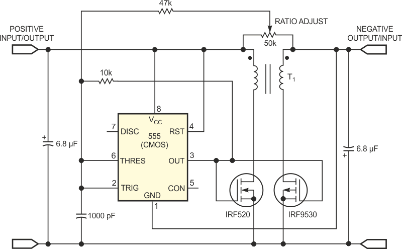 An inverter circuit swaps charges between opposite-polarity batteries.