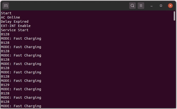 Serial log captured from the debug terminal of the 12 V UPS.