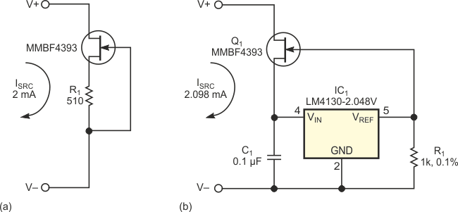 The common JFET transistor current source (a) has an average output impedance. A composite voltage reference and JFET circuit (b) features higher output impedance, high accuracy, and low temperature drift.