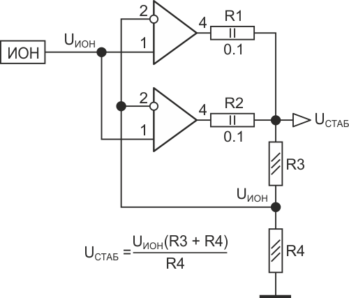 Упрощенная схема параллельного включения двух ОУ в умощненном стабилизаторе.