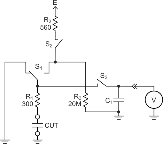 Управляя последовательностью переключения герконовых реле, эта схема может измерять диэлектрическую абсорбцию тестируемого конденсатора.