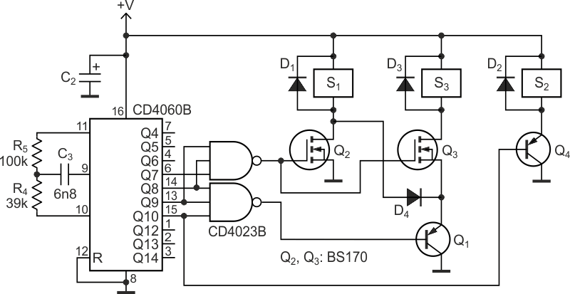 To control the switches in the circuit of Figure 1, a timer activates relay drivers.