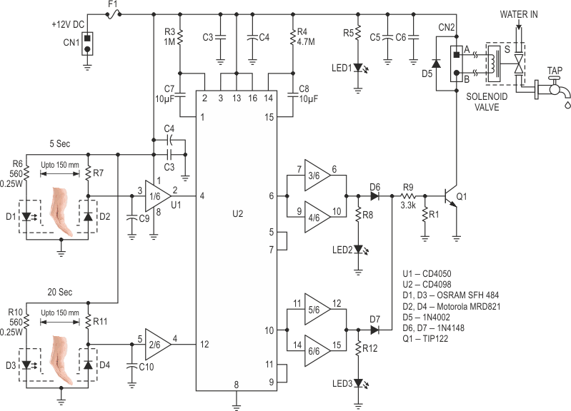 This dual timer-based contactless water dispensing unit uses two independent sensors that generate a trigger signal when the optical path between their IR emitter and detector is interrupted.