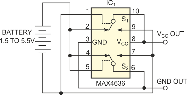 This circuit senses battery polarity, then quickly connects the load or swaps the battery leads.
