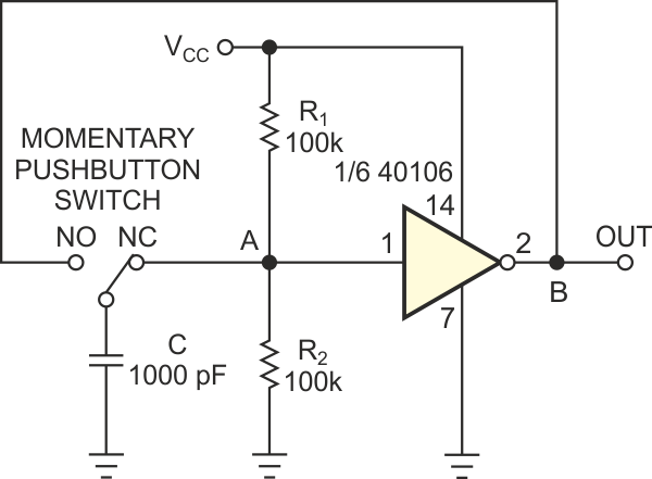 A single Schmitt trigger provides a toggle function.