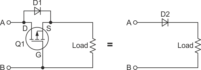 This circuit protects the load against a reversed battery using a P-channel MOSFET.