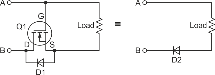 The circuit protects the load against reversed battery using an N-channel MOSFET.