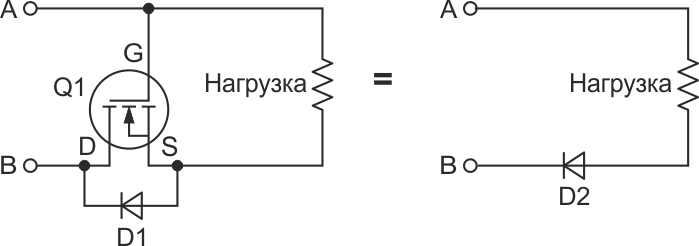 Эта схема защищает нагрузку от переполюсовки батареи с помощью n-канального MOSFET.