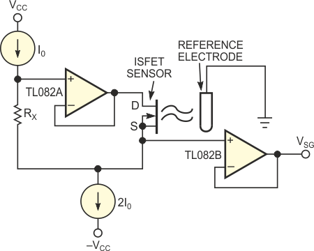 This circuit is a classic configuration for biasing ISFET sensors.