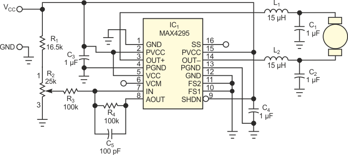 A Class D audio amplifier, IC1, helps implement this simple motor-speed controller.