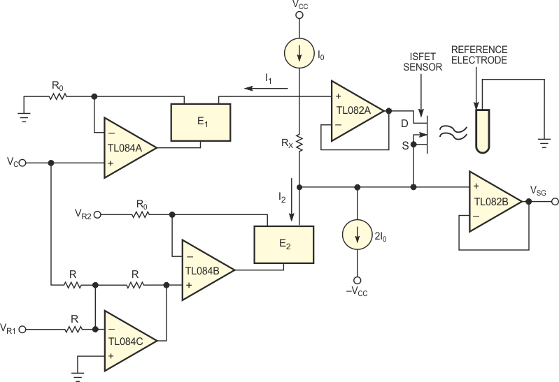 This novel floating current source represents an improved way to bias ISFET sensors.