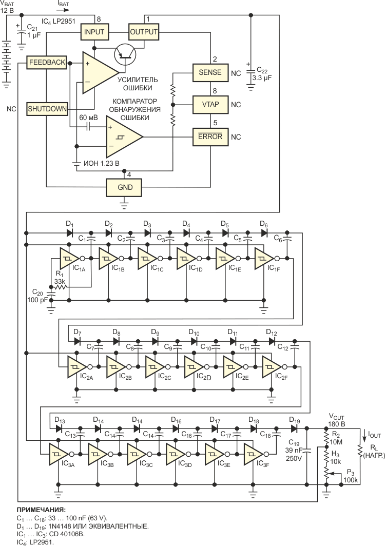 Эта бестрансформаторная схема, в которой использованы четыре общедоступных микросхемы, преобразует 12 В в напряжение 180 В.