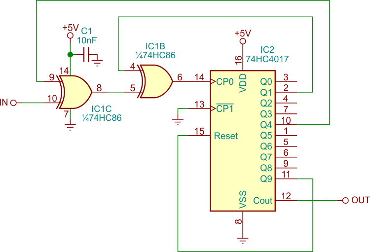 Adding another XOR gate allows the circuit to provide a divide-by-seven with 50% duty cycle output.