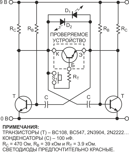 Этот простой тестер позволяет определить тип и работоспособность транзистора.