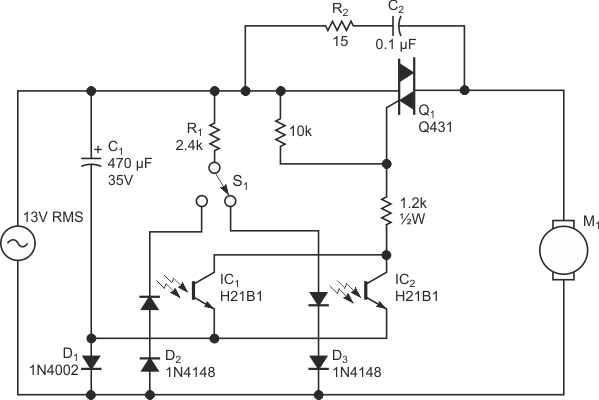 The optocouplers provide both position-control logic and triac gate drive to the motor.