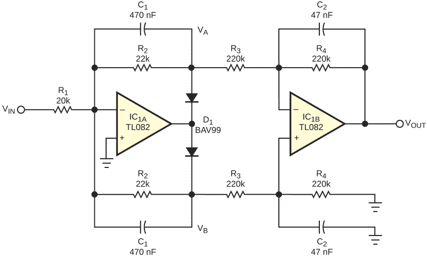 This single-ended, averaged absolute-value converter is useful for amplitude demodulation.