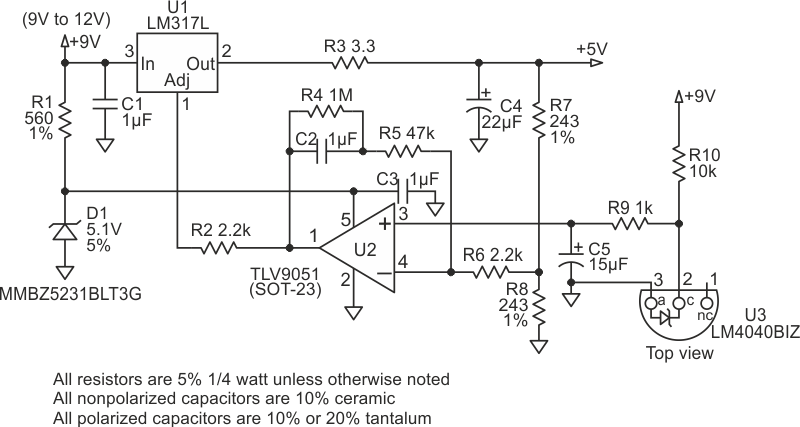 This power supply circuit is designed around an LM317L voltage regulator.