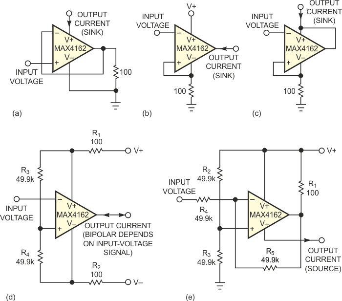 This compendium of constant-current circuits includes current sinks (a, b, and c), a bipolar sink or source (d), and a current source (e).