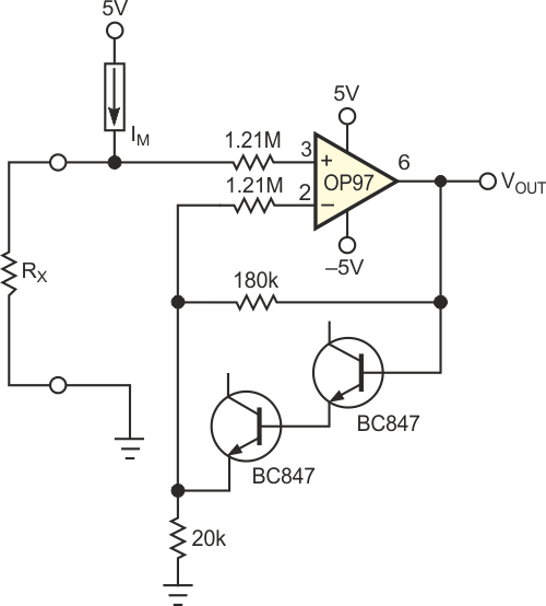 The addition of two diodes in the feedback loop prevents excessive input current in the OP97.