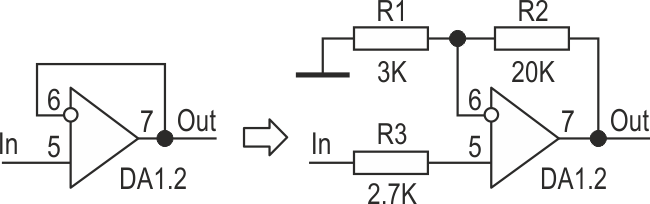 Увеличение выходного напряжения генератора до 10 В. K = 1+R2/R1 = 7.67, R3 = R1||R2 = 2.7 K (2.61 K 1%).