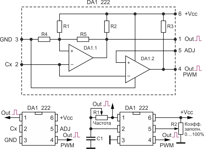 Внутренняя структура микросхемы 222 и простейшая схема ШИМ-генератора с независимым регулированием частоты.