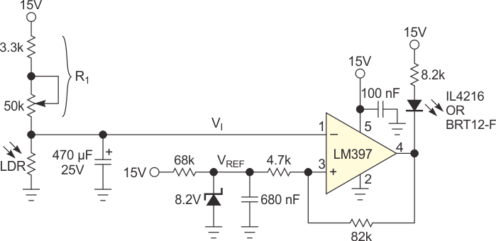 The circuit uses a light-dependent resisto