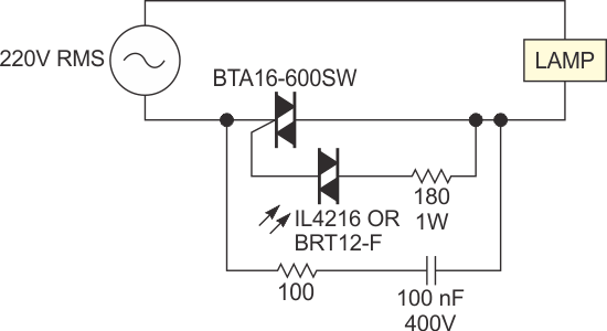 The comparator drives a Vishay IL4216 or BRT12-F optocoupler with a TRIAC output.