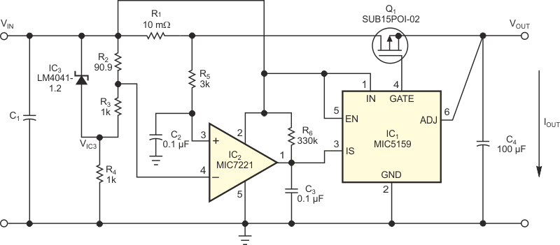 This circuit provides foldback current-limiting, thus reducing the power-handling requirements of the pass element.