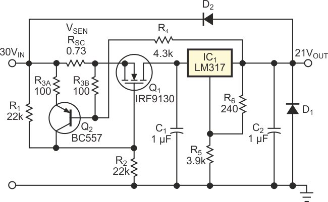 Эта схема добавляет прогрессирующее ограничение тока для защиты линейного регулятора.