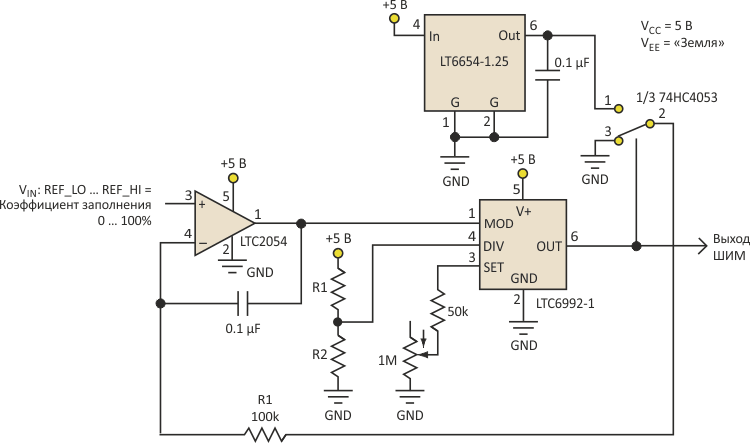 Этот базовый линеаризованный формирователь ШИМ даже без внешнего механизма обратной связи может обеспечивать точность 0.1%.