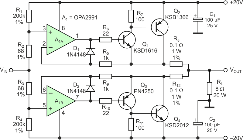 This current booster circuit delivers up to 20 W of power and exhibits a well-defined temperature-independent quiescent current.