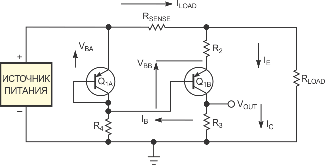 Напряжение на выходе этой простой двухтранзисторной схемы пропорционально току, идущему через измерительный резистор RSENSE.А